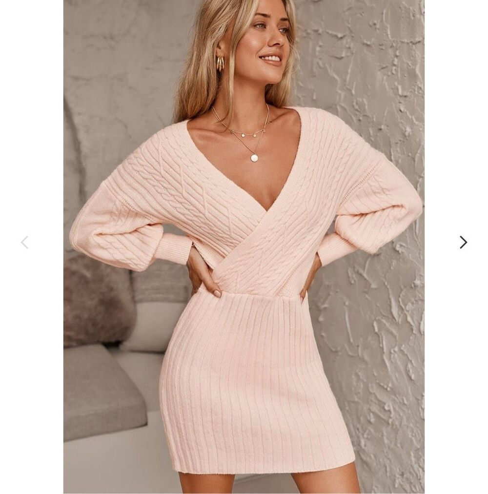 NWT CUPSHE Lt Blush Pink Cable Knit Sweater Mini Dress Women’s Medium